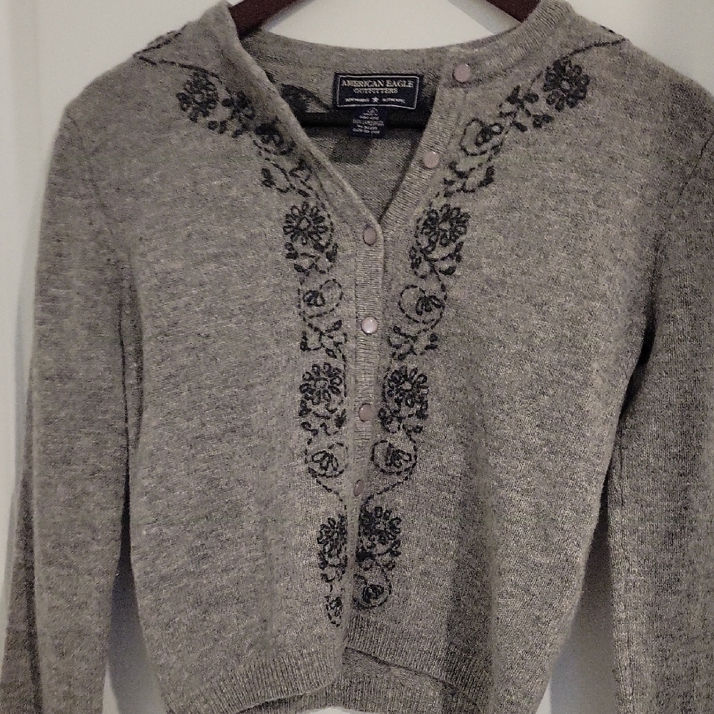 American Eagle Outfitters Gray Cardigan with Embroidered Trim